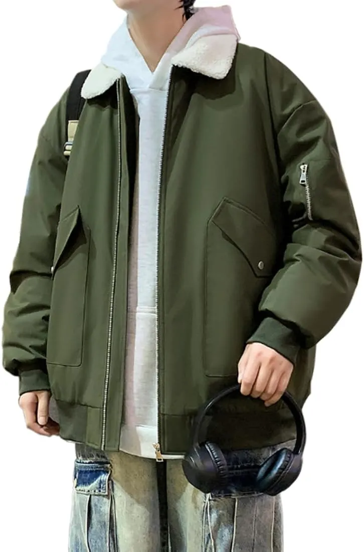 HZCX FASHION Mens Winter Sherpa Lined Trucker Jacket Warm Flight Jacket With Fur Collar Fleece Lined Cargo Windbreaker