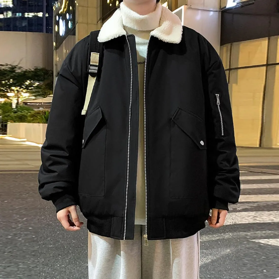 HZCX FASHION Mens Winter Sherpa Lined Trucker Jacket Warm Flight Jacket With Fur Collar Fleece Lined Cargo Windbreaker