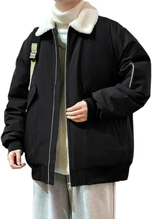 HZCX FASHION Mens Winter Sherpa Lined Trucker Jacket Warm Flight Jacket With Fur Collar Fleece Lined Cargo Windbreaker