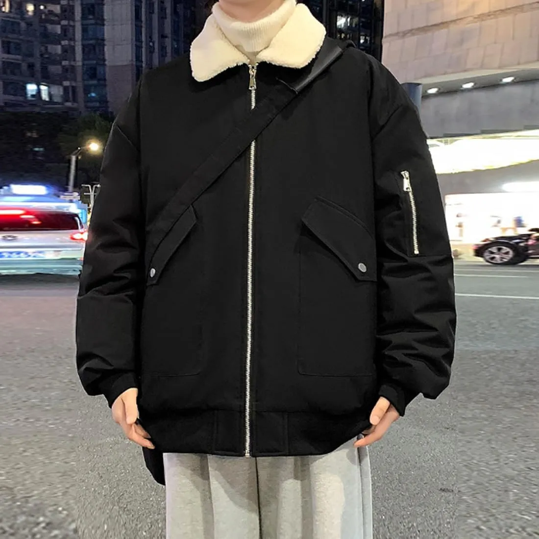 HZCX FASHION Mens Winter Sherpa Lined Trucker Jacket Warm Flight Jacket With Fur Collar Fleece Lined Cargo Windbreaker