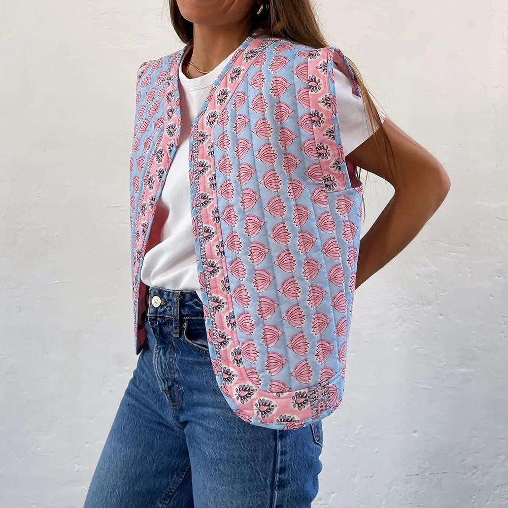 IMISSILLEB Women Vintage Cropped Floral Quilted Vest Sleeveless Reversible Puffer Jacket Fall Lightweight Padded Coat Gilet