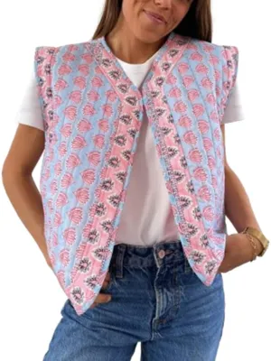 IMISSILLEB Women Vintage Cropped Floral Quilted Vest Sleeveless Reversible Puffer Jacket Fall Lightweight Padded Coat Gilet