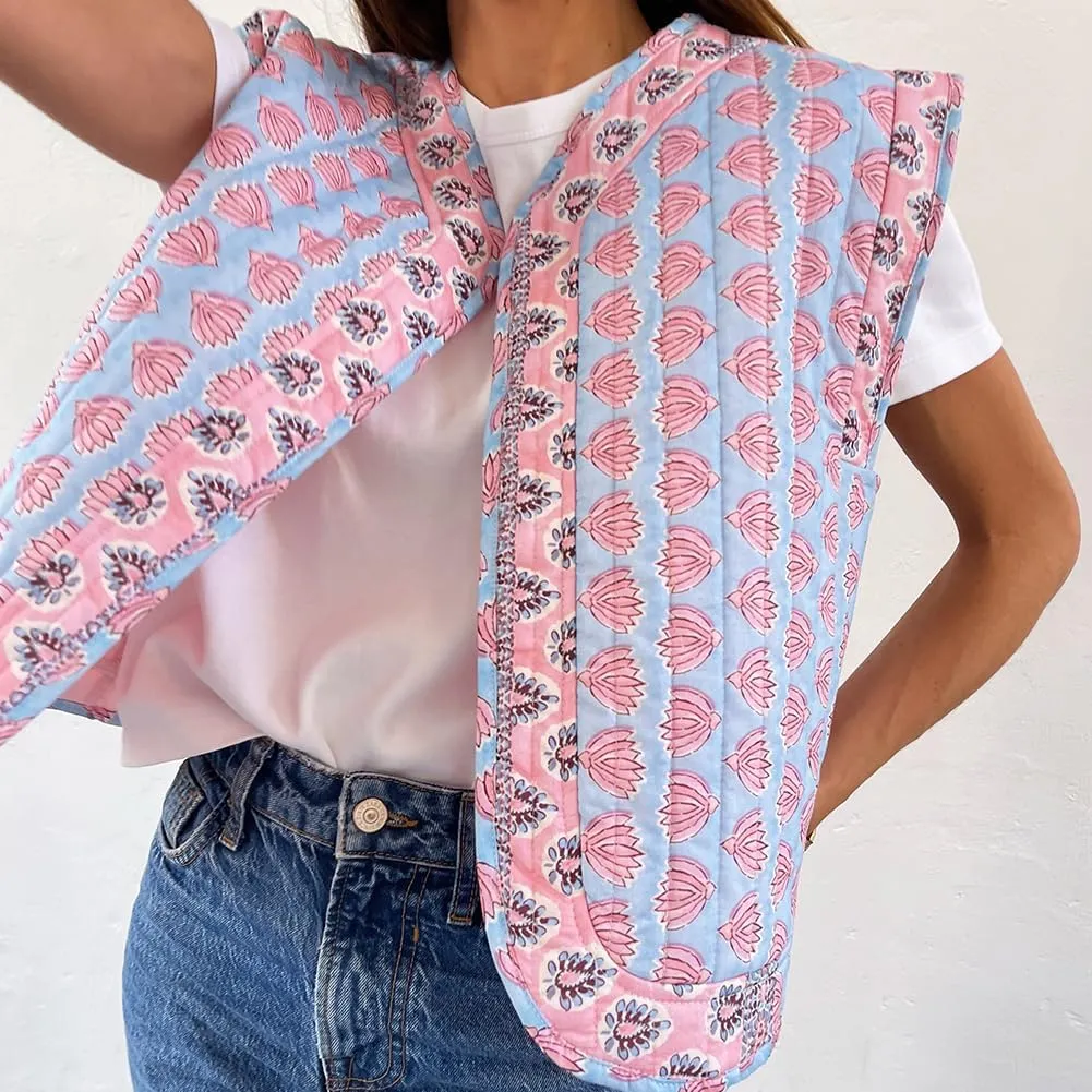 IMISSILLEB Women Vintage Cropped Floral Quilted Vest Sleeveless Reversible Puffer Jacket Fall Lightweight Padded Coat Gilet