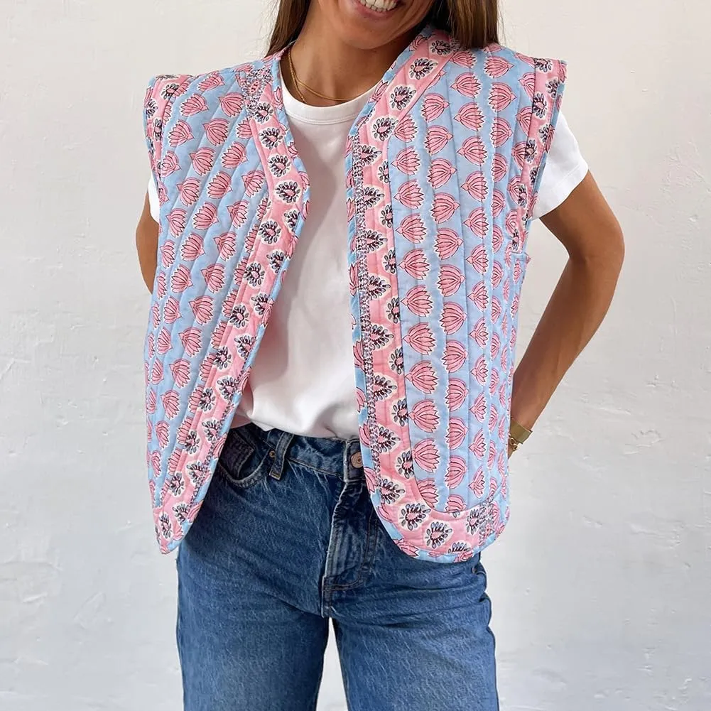 IMISSILLEB Women Vintage Cropped Floral Quilted Vest Sleeveless Reversible Puffer Jacket Fall Lightweight Padded Coat Gilet