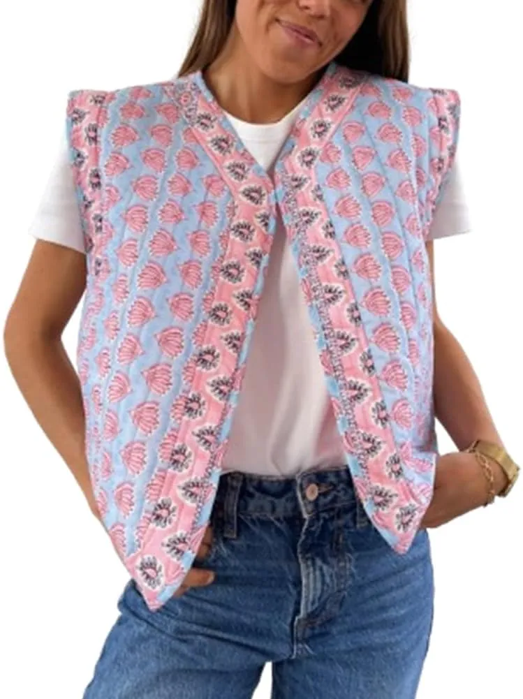 IMISSILLEB Women Vintage Cropped Floral Quilted Vest Sleeveless Reversible Puffer Jacket Fall Lightweight Padded Coat Gilet