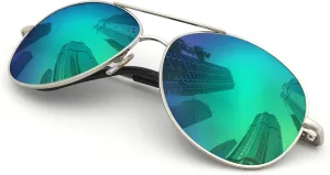 J S Premium Military Style Classic Aviator Sunglasses, Polarized, 100% UV protection for Men Women (Large Frame - Silver Frame/Green Mirror Lens)