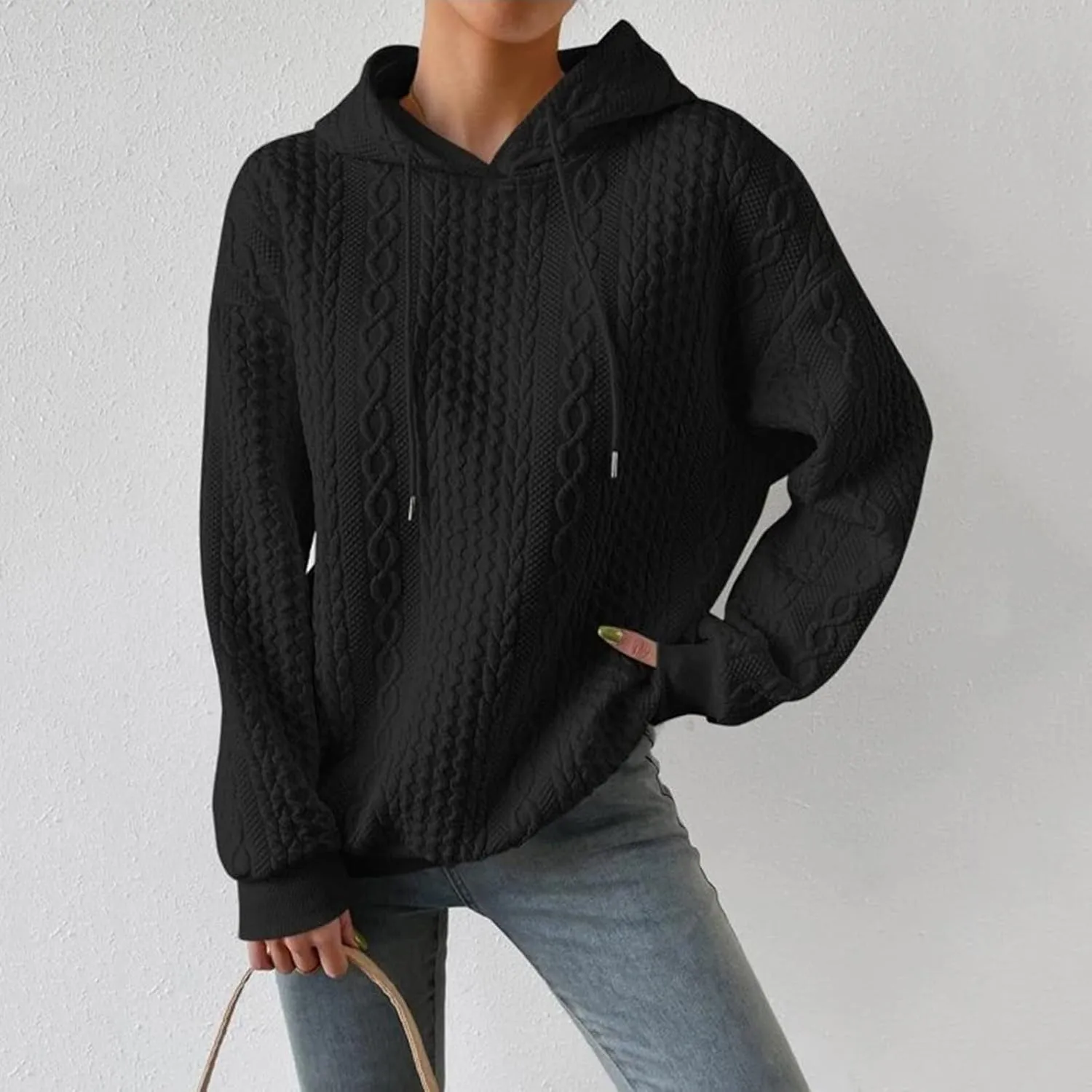 Jacquard Hoodie Sweatshirts for Women Casual Solid Hooded Pullover Textured Drawstring Oversized Sweatshirt Plus Size