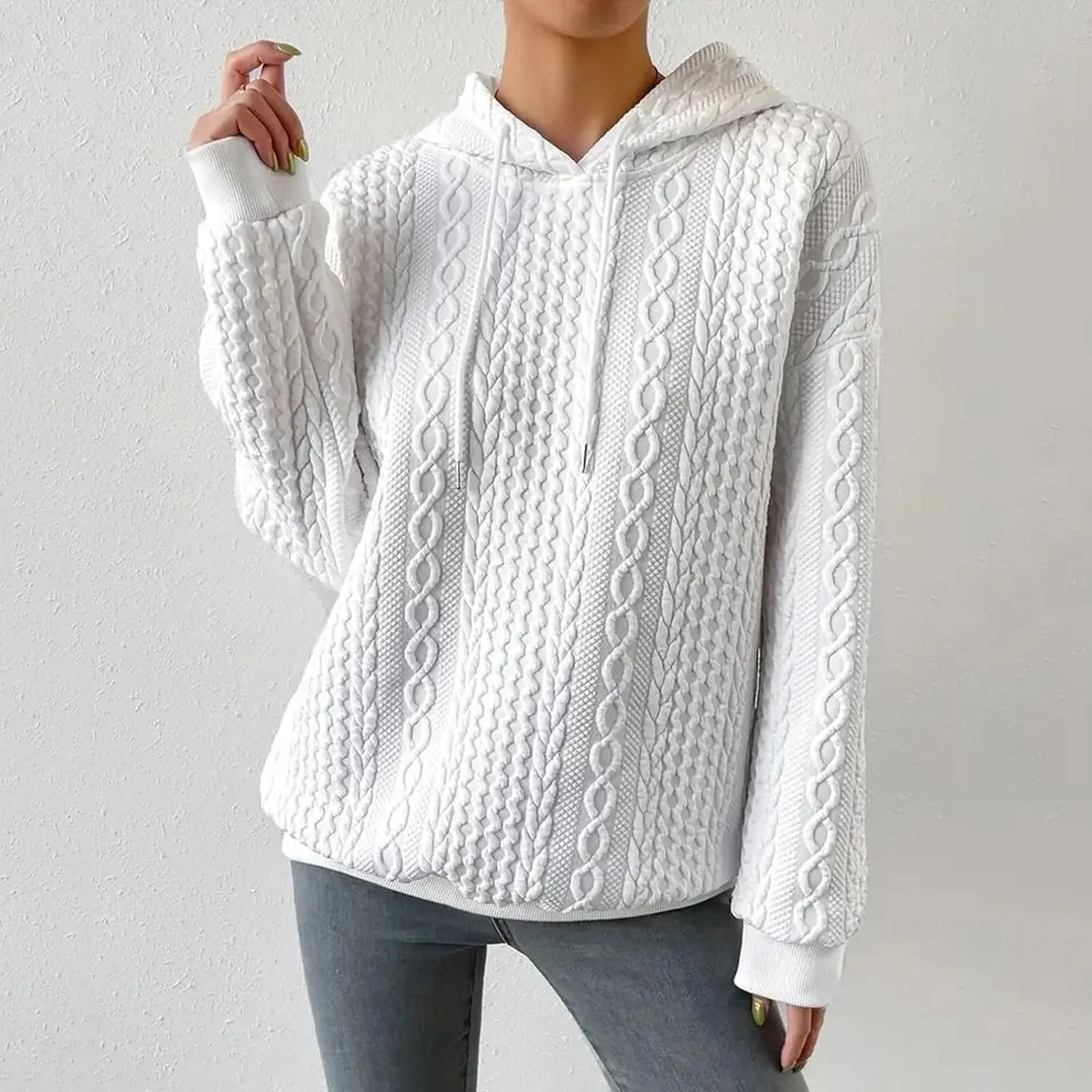 Jacquard Hoodie Sweatshirts for Women Casual Solid Hooded Pullover Textured Drawstring Oversized Sweatshirt Plus Size