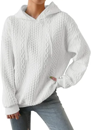 Jacquard Hoodie Sweatshirts for Women Casual Solid Hooded Pullover Textured Drawstring Oversized Sweatshirt Plus Size