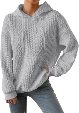 Jacquard Hoodie Sweatshirts for Women Casual Solid Hooded Pullover Textured Drawstring Oversized Sweatshirt Plus Size