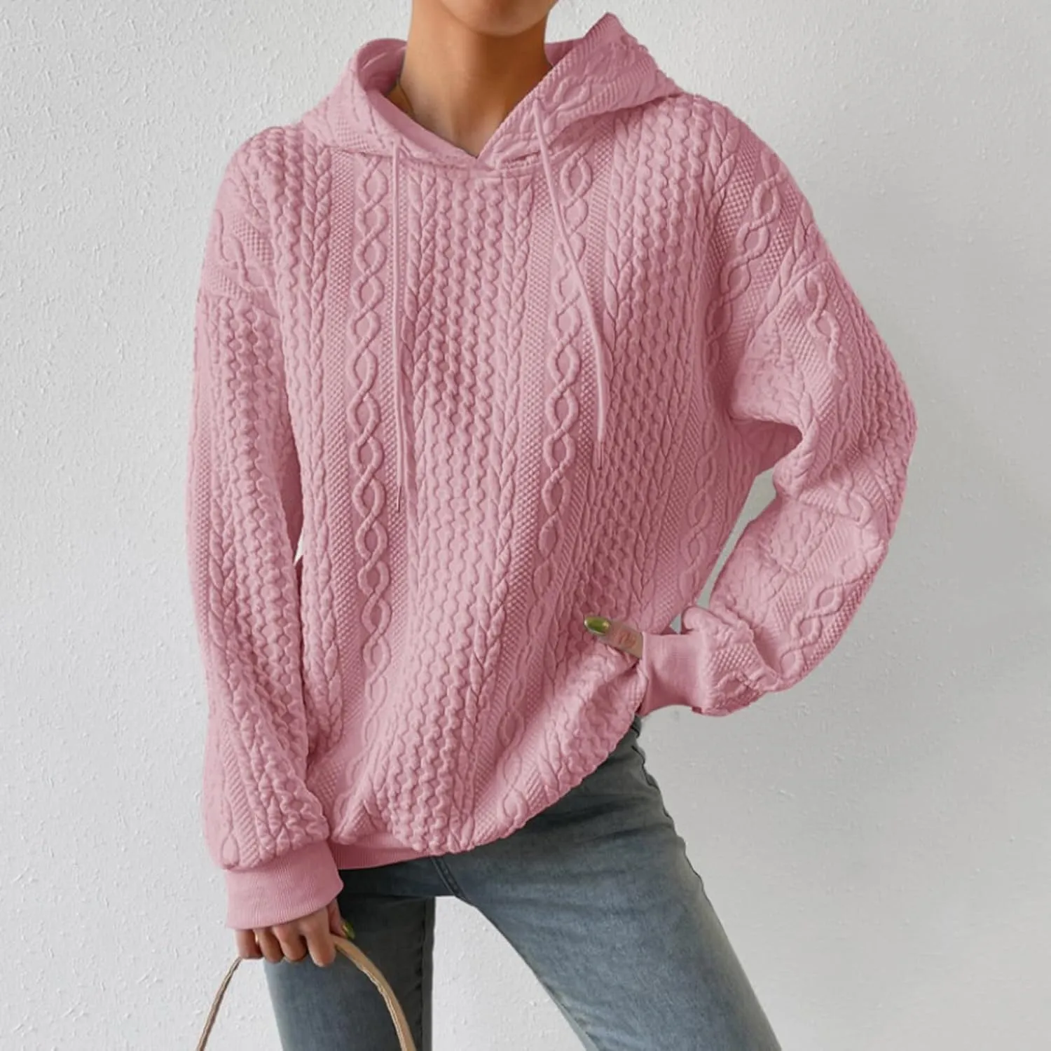 Jacquard Hoodie Sweatshirts for Women Casual Solid Hooded Pullover Textured Drawstring Oversized Sweatshirt Plus Size