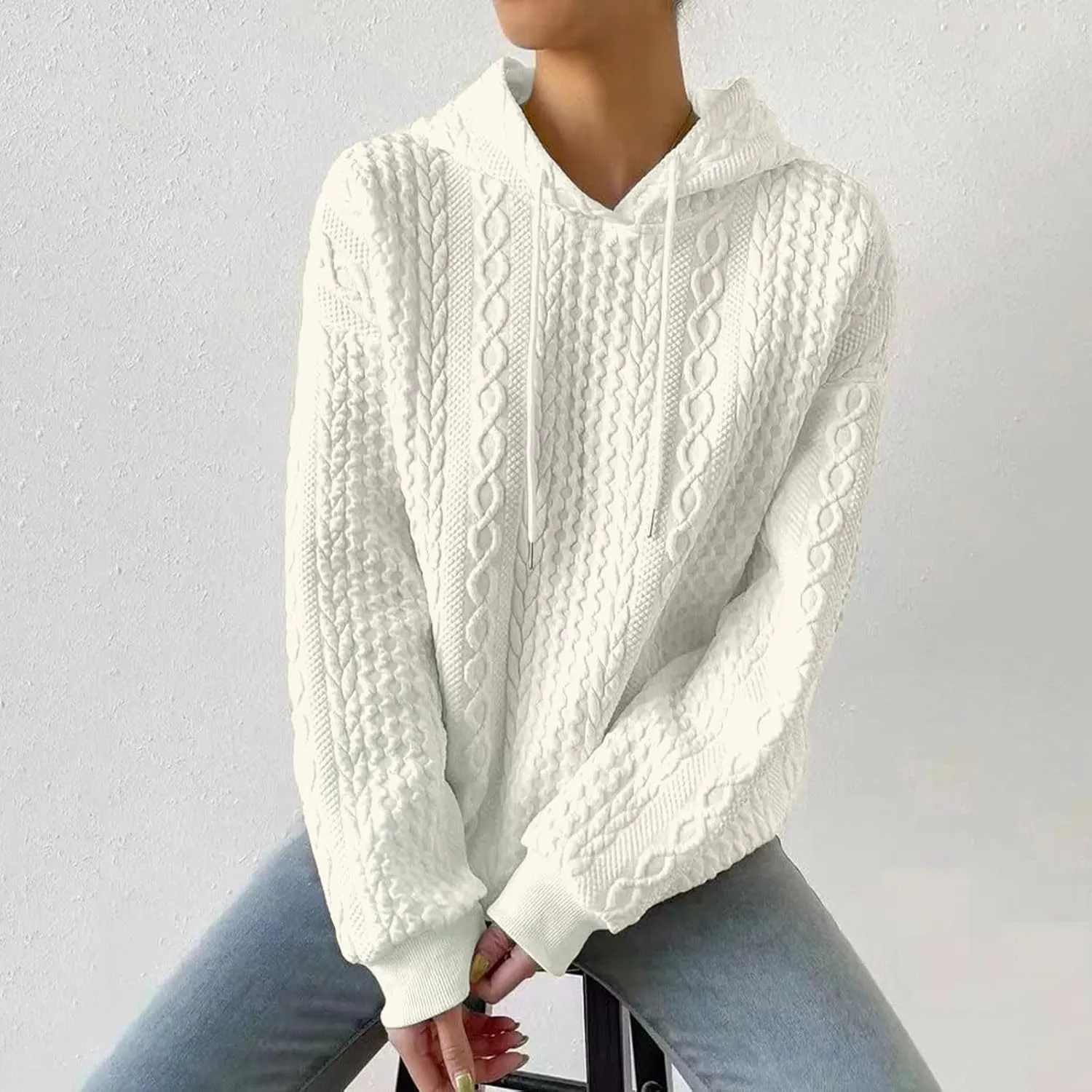 Jacquard Hoodie Sweatshirts for Women Casual Solid Hooded Pullover Textured Drawstring Oversized Sweatshirt Plus Size
