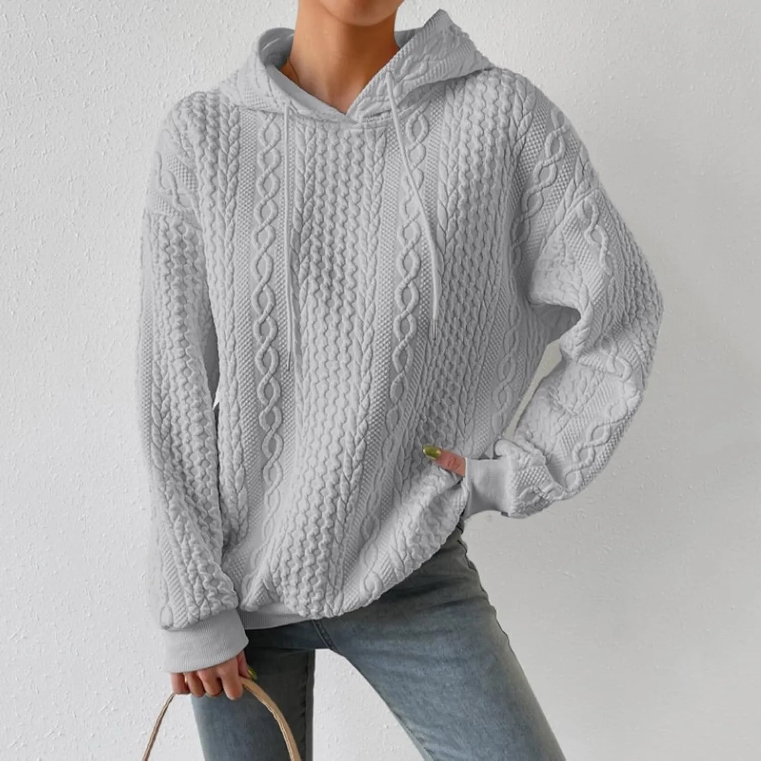 Jacquard Hoodie Sweatshirts for Women Casual Solid Hooded Pullover Textured Drawstring Oversized Sweatshirt Plus Size