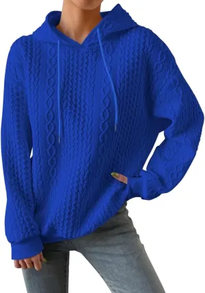 Jacquard Hoodie Sweatshirts for Women Casual Solid Hooded Pullover Textured Drawstring Oversized Sweatshirt Plus Size