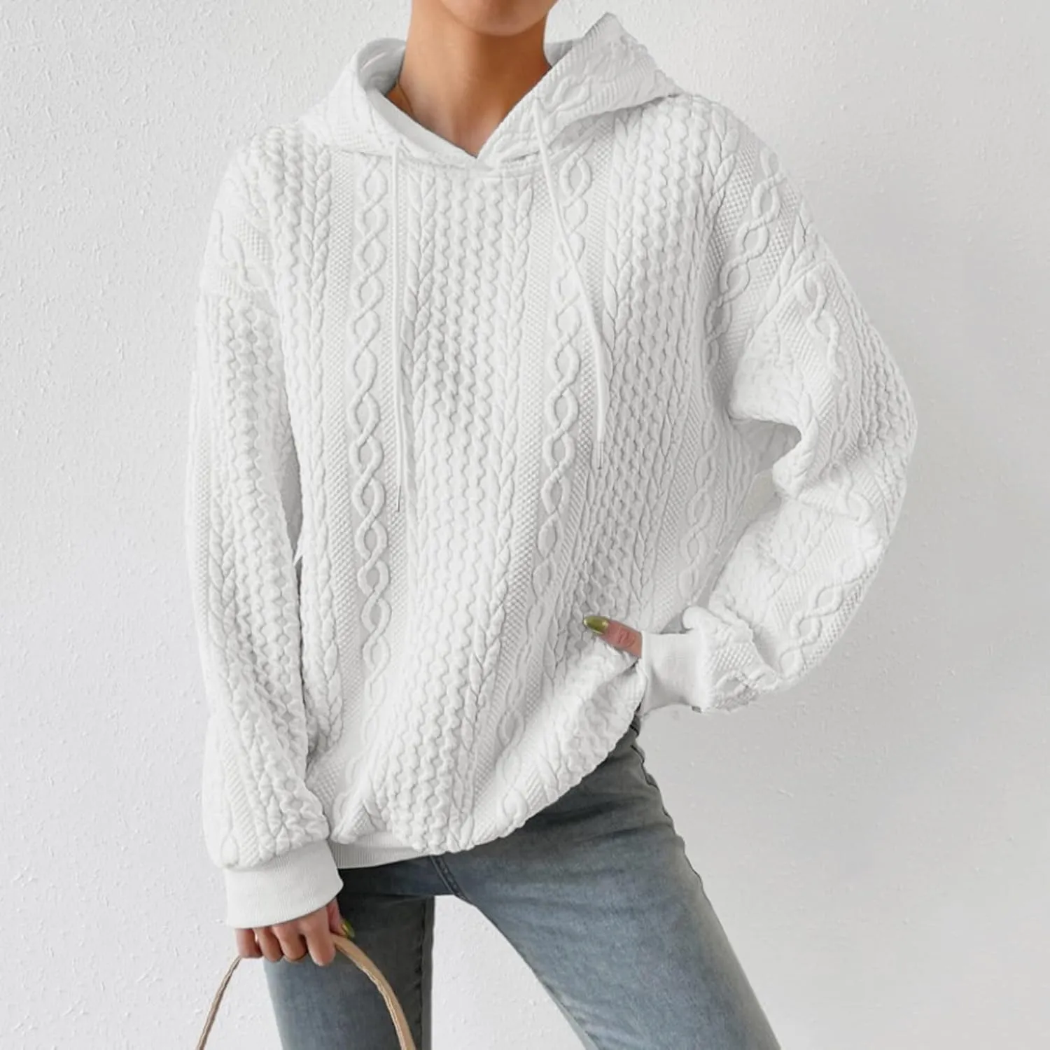 Jacquard Hoodie Sweatshirts for Women Casual Solid Hooded Pullover Textured Drawstring Oversized Sweatshirt Plus Size