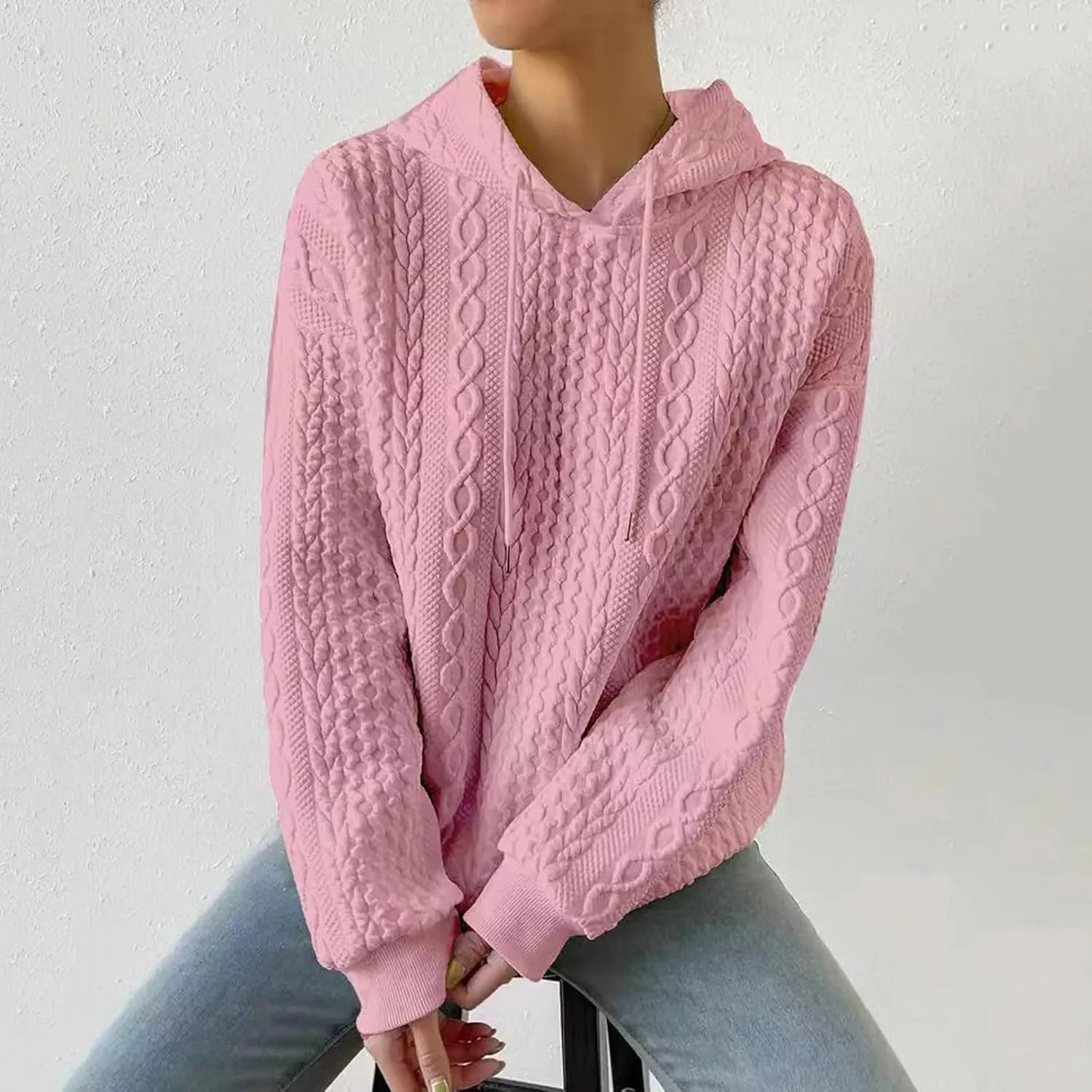 Jacquard Hoodie Sweatshirts for Women Casual Solid Hooded Pullover Textured Drawstring Oversized Sweatshirt Plus Size