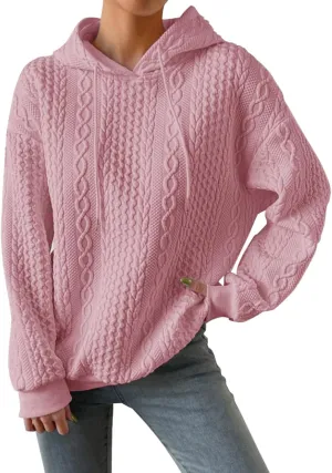 Jacquard Hoodie Sweatshirts for Women Casual Solid Hooded Pullover Textured Drawstring Oversized Sweatshirt Plus Size