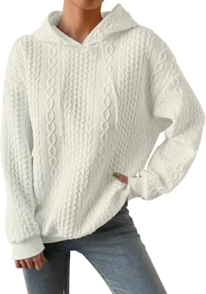 Jacquard Hoodie Sweatshirts for Women Casual Solid Hooded Pullover Textured Drawstring Oversized Sweatshirt Plus Size