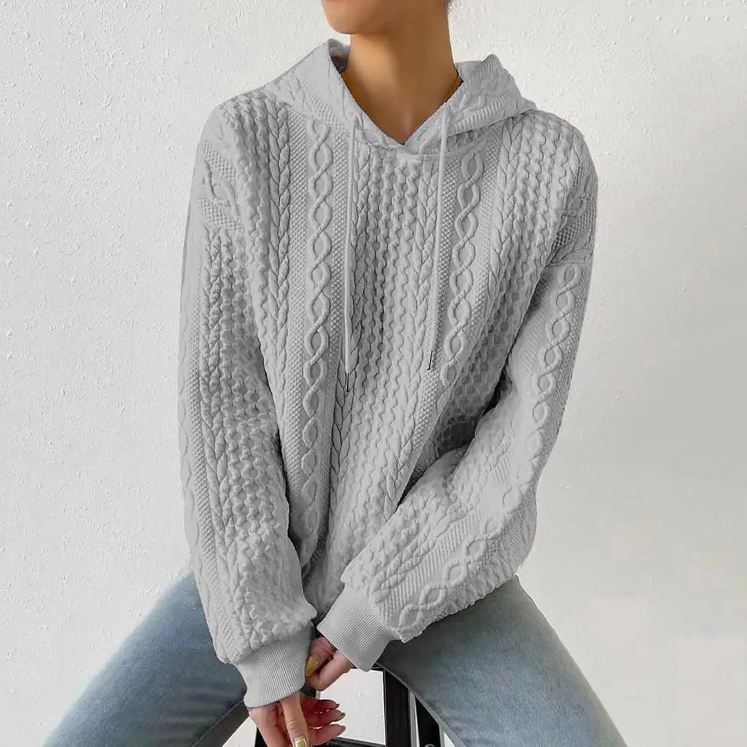 Jacquard Hoodie Sweatshirts for Women Casual Solid Hooded Pullover Textured Drawstring Oversized Sweatshirt Plus Size
