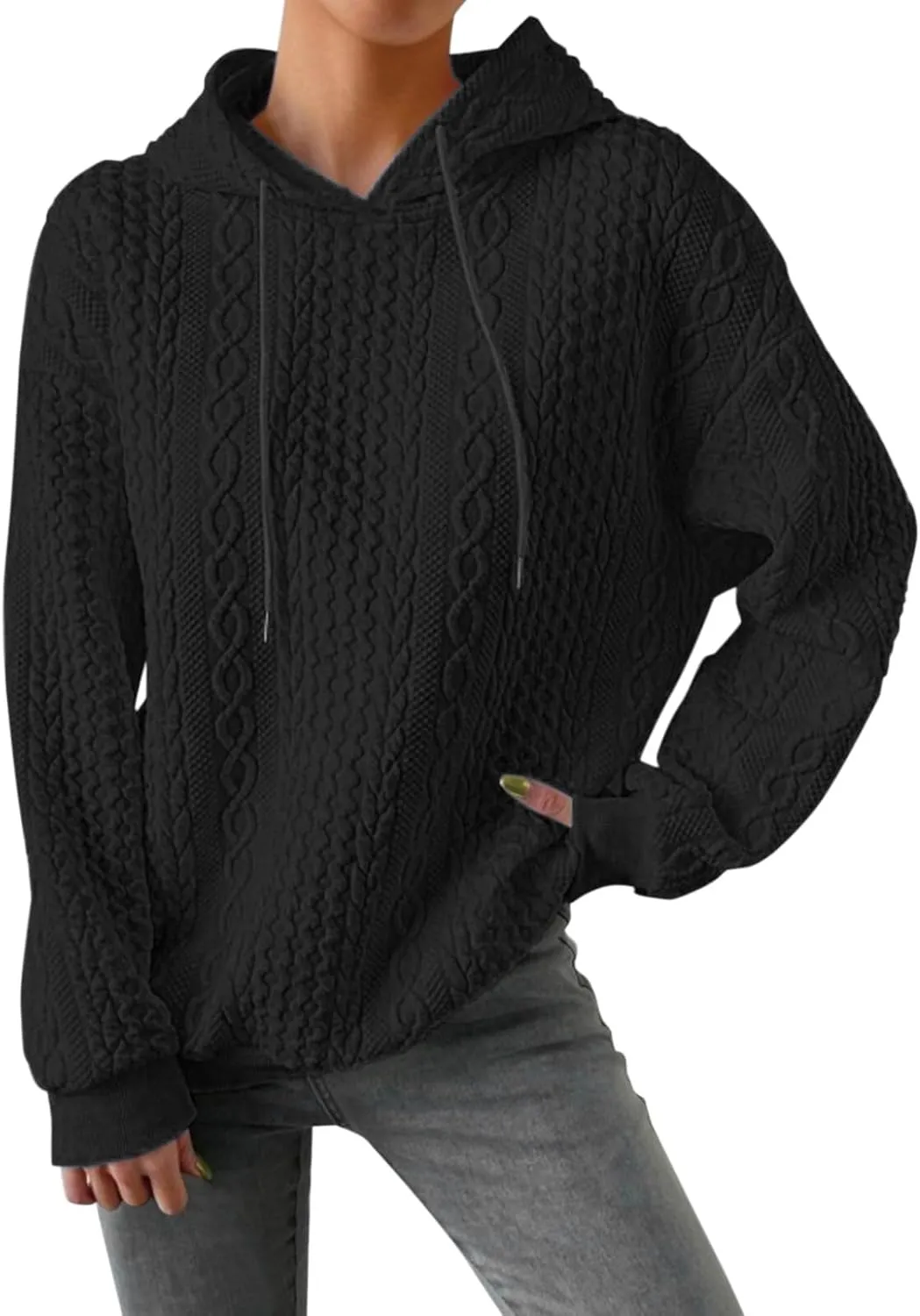 Jacquard Hoodie Sweatshirts for Women Casual Solid Hooded Pullover Textured Drawstring Oversized Sweatshirt Plus Size
