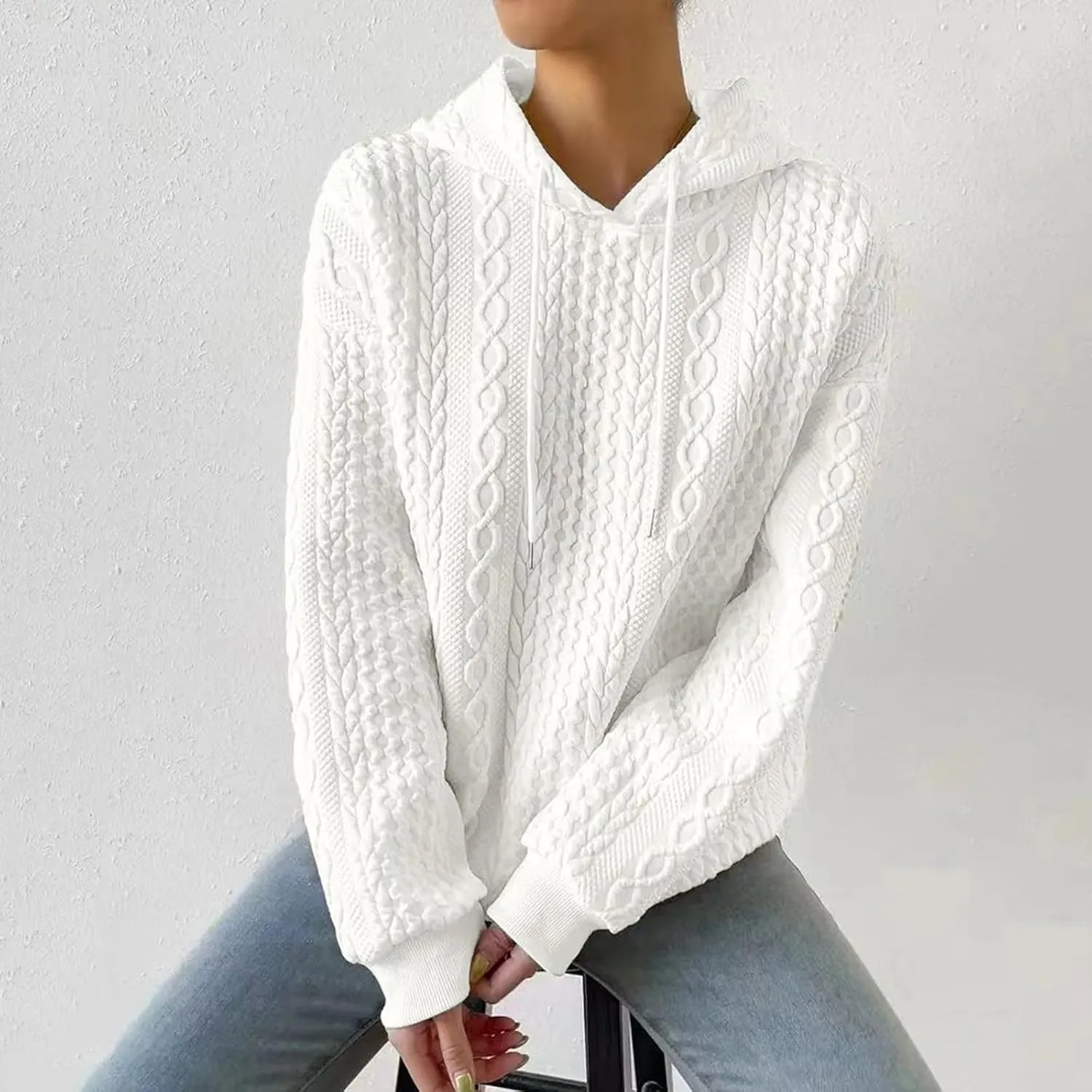 Jacquard Hoodie Sweatshirts for Women Casual Solid Hooded Pullover Textured Drawstring Oversized Sweatshirt Plus Size