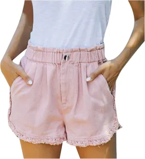 Jean Shorts Women Cute Stretchy Fringe Hem Denim Shorts Causal Elastic High Waisted Jean Shorts Summer Beach Shorts