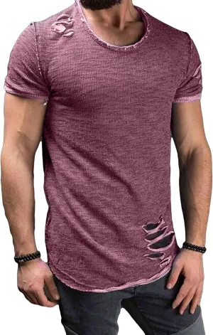 JEsilunmaMY Men's Casual Distressed Ripped T-Shirts Short Sleeve Crewneck Hip Hop Hole Tees Solid Color Workout Gym Shirts