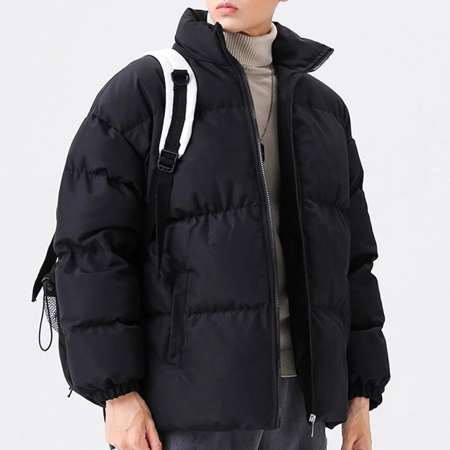 JEsilunmaMY Men's Stand Collar Warm Padded Jacket Full Zip Winter Thicken Cotton Down Coat Solid Color Loose Puffer Jacket