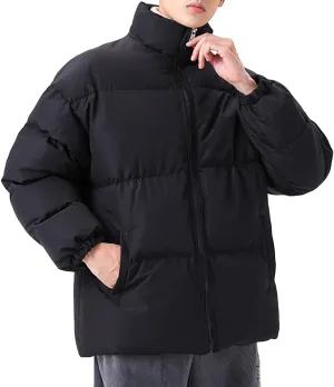 JEsilunmaMY Men's Stand Collar Warm Padded Jacket Full Zip Winter Thicken Cotton Down Coat Solid Color Loose Puffer Jacket