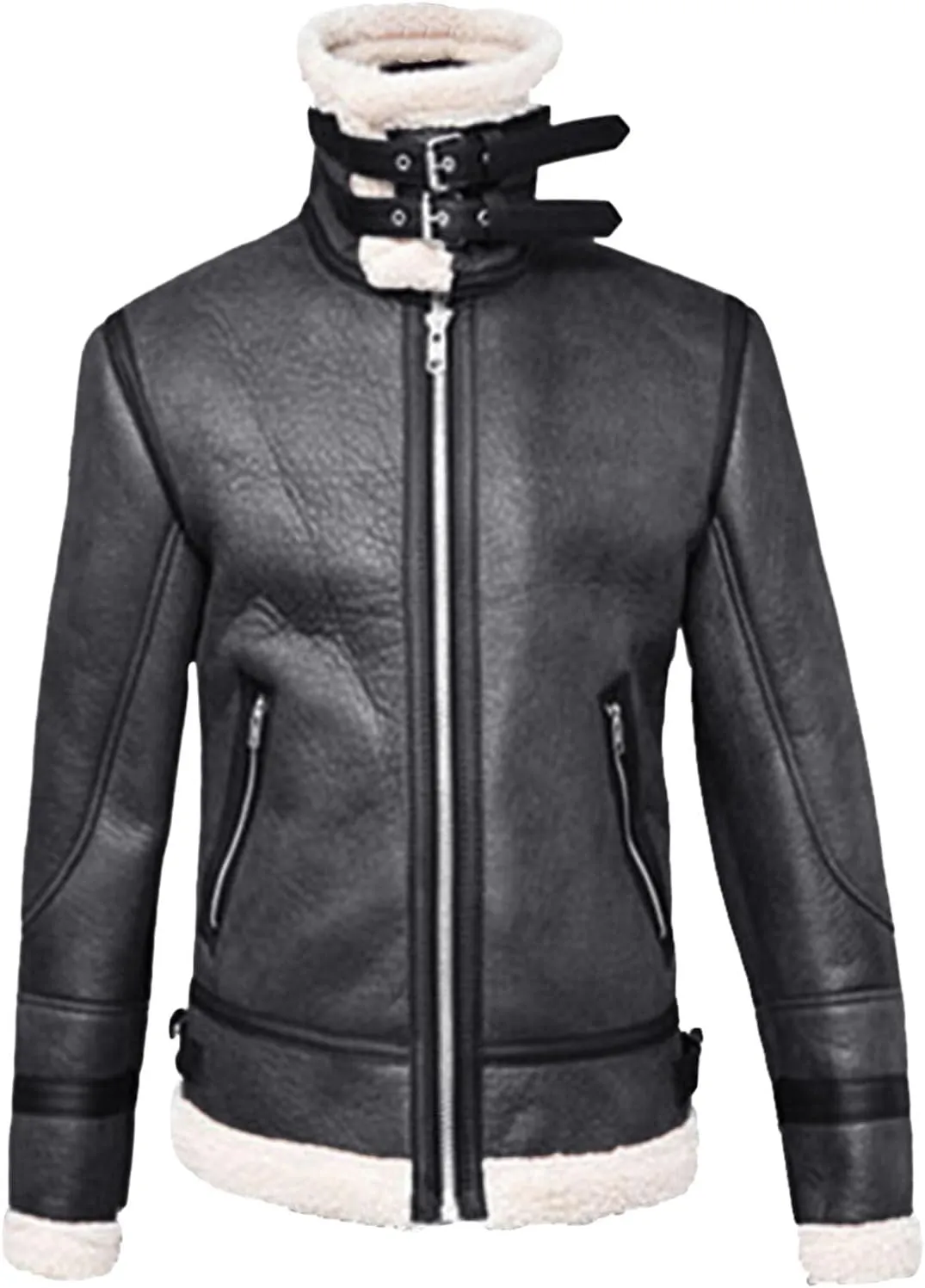 JEsilunmaMY Retro Sherpa Bomber Leather Jacket for Men Fleece Lined Fur Collar Motorcycle Jacket Warm Winter Biker Coat