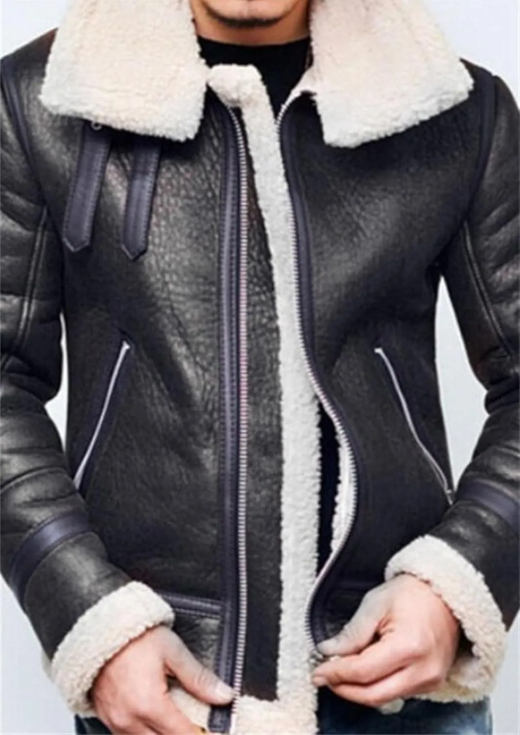 JEsilunmaMY Retro Sherpa Bomber Leather Jacket for Men Fleece Lined Fur Collar Motorcycle Jacket Warm Winter Biker Coat