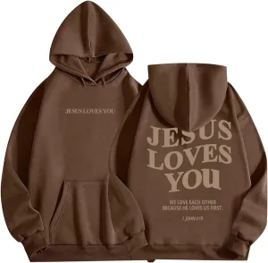 Jesus Loves You Hoodies For Women Oversized Letter Print Hooded Pullover Tops Casual Long Sleeve Sweatshirts Graphic Tunics