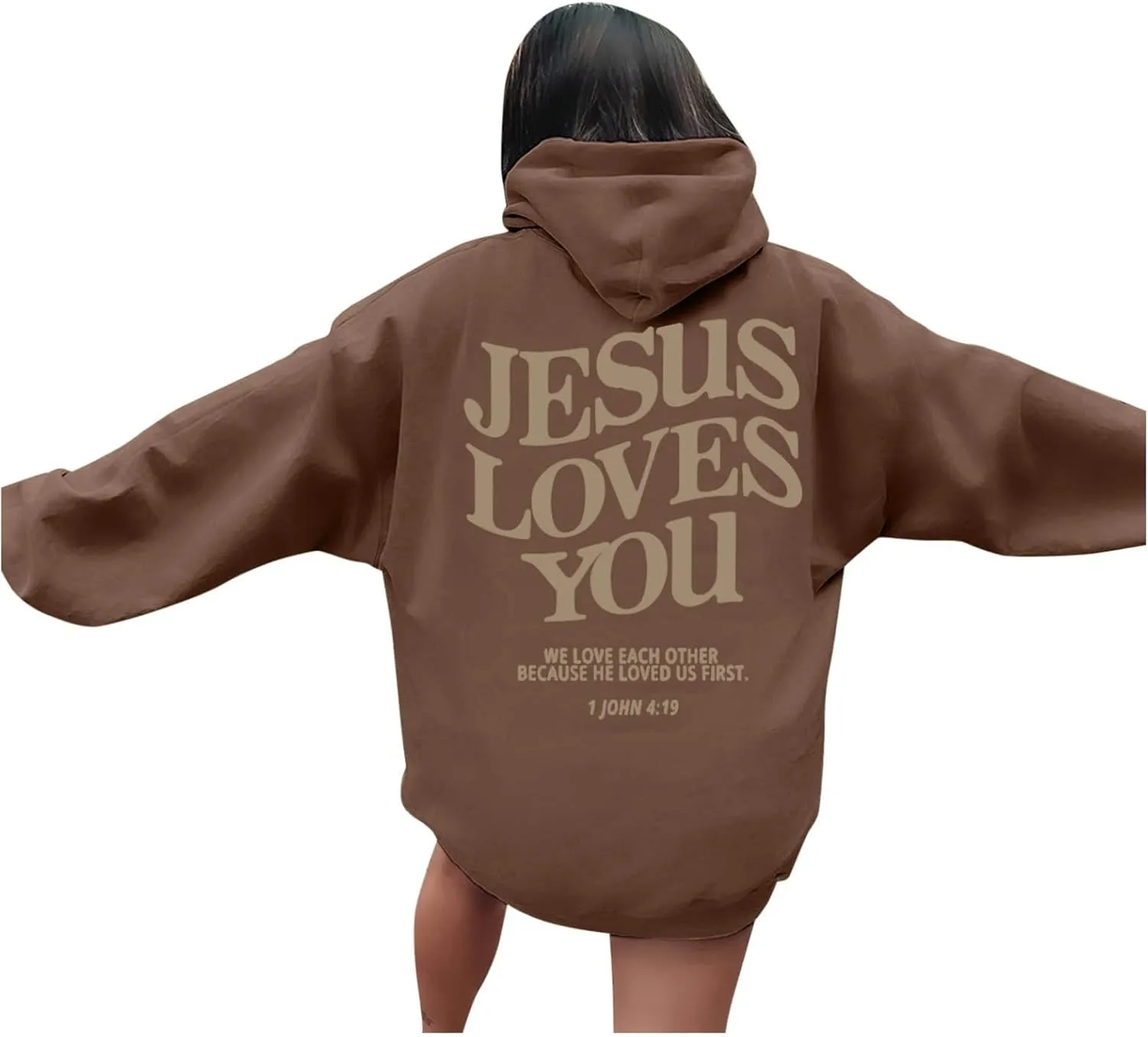 Jesus Loves You Hoodies For Women Oversized Letter Print Hooded Pullover Tops Casual Long Sleeve Sweatshirts Graphic Tunics