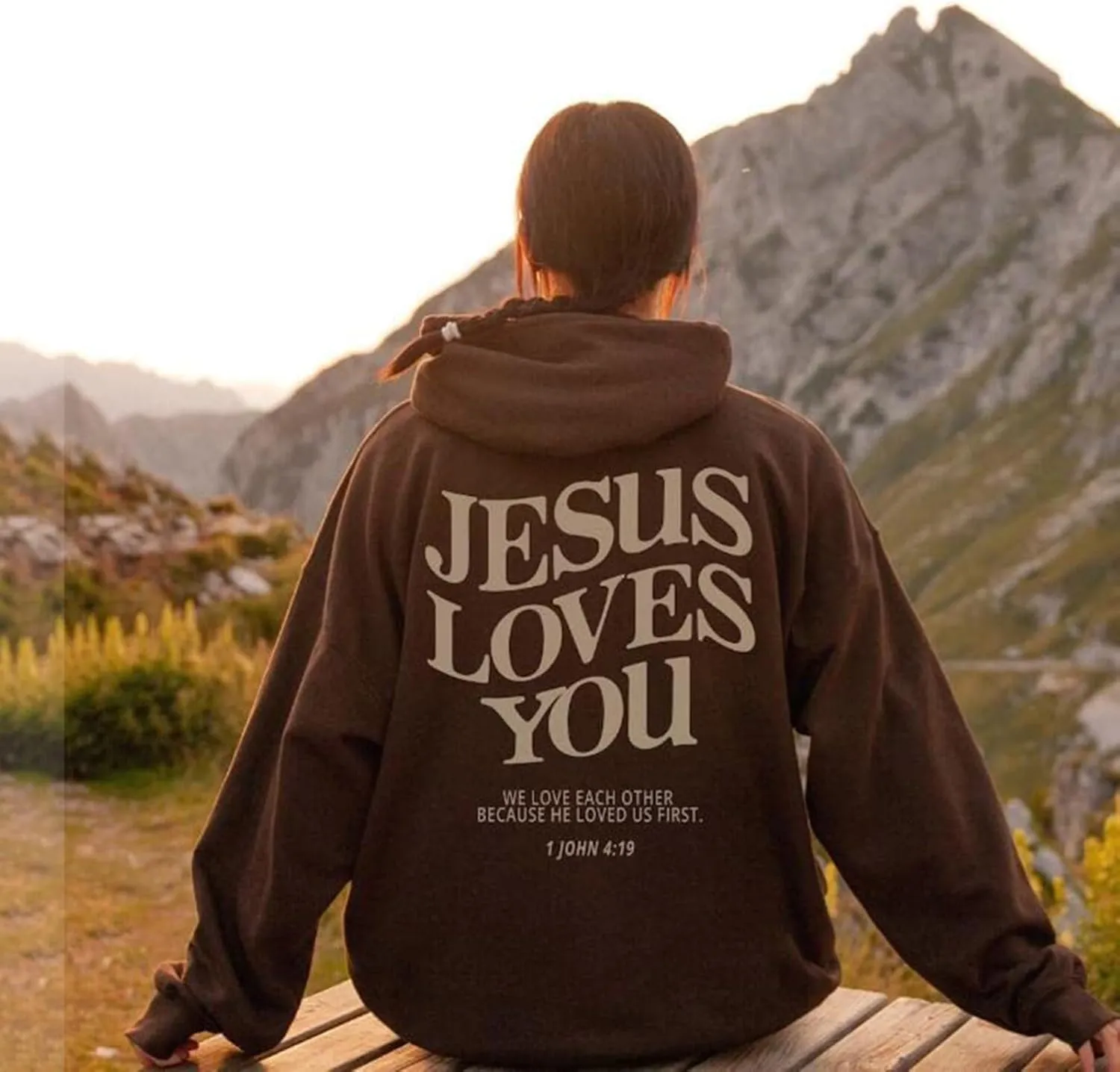 Jesus Loves You Hoodies For Women Oversized Letter Print Hooded Pullover Tops Casual Long Sleeve Sweatshirts Graphic Tunics