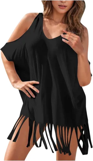 JOAU Women's Fringe Hem V Neck Short Sleeve Cold Shoulder T Shirts Dresses Summer Casual Loose Tassels Mini Beach Cover Up