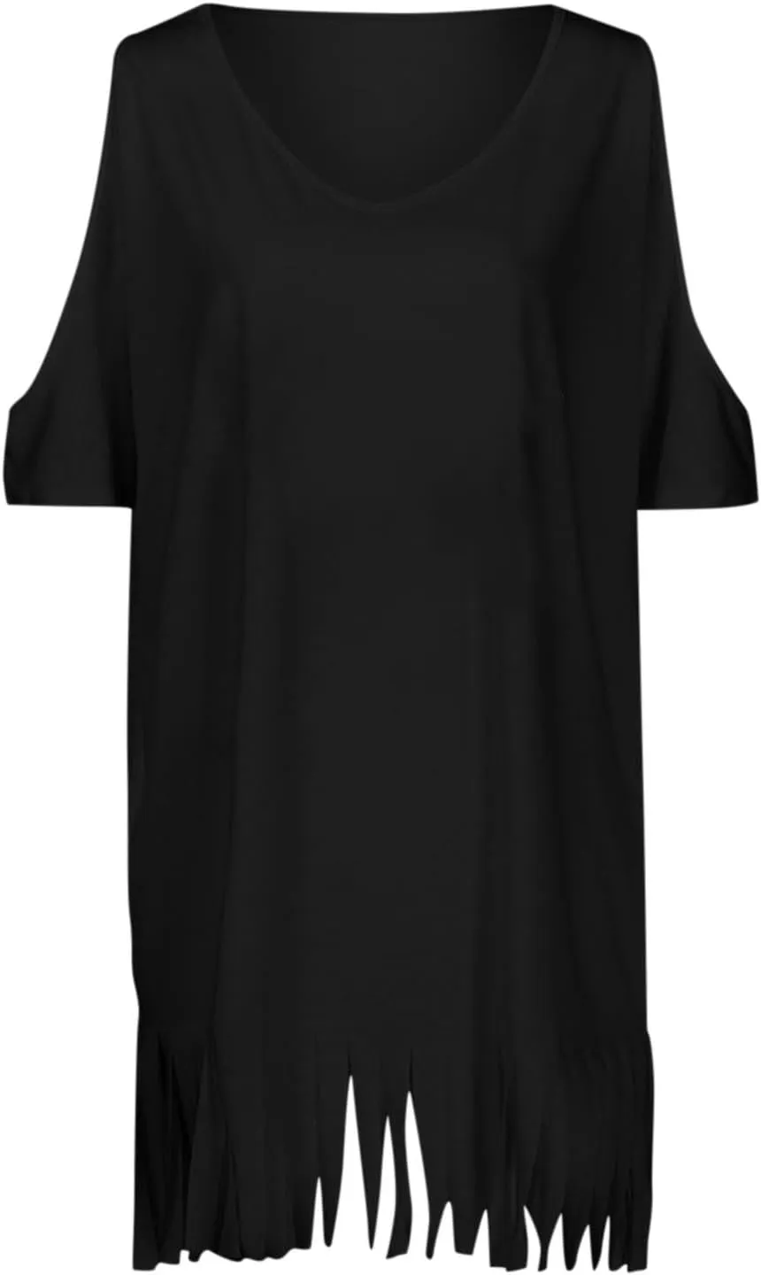 JOAU Women's Fringe Hem V Neck Short Sleeve Cold Shoulder T Shirts Dresses Summer Casual Loose Tassels Mini Beach Cover Up