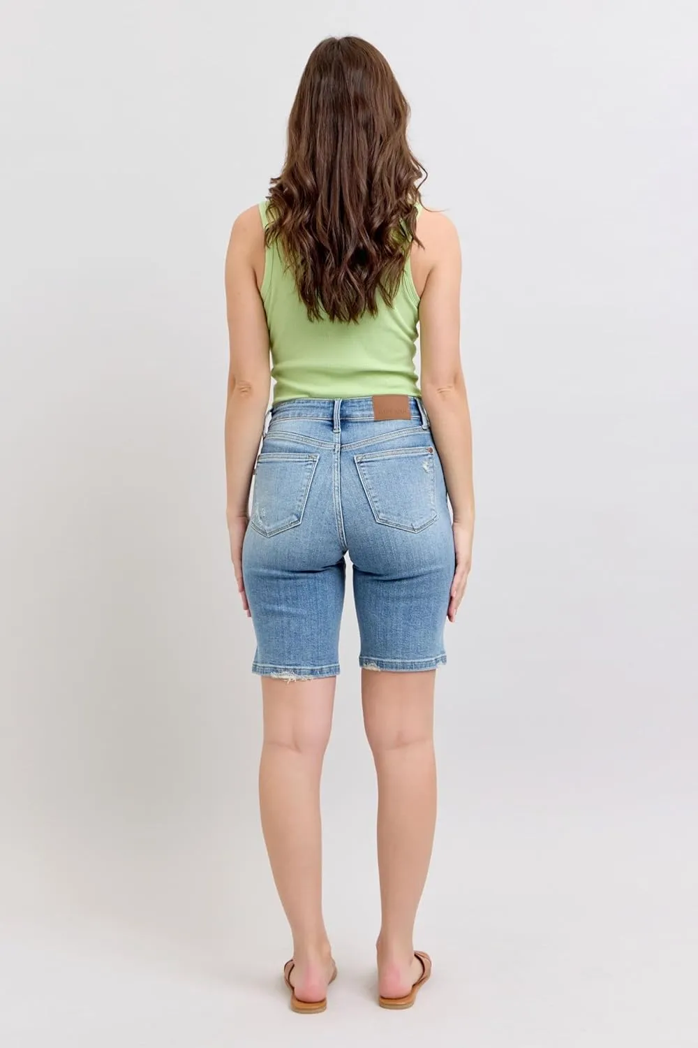 Judy Blue Women’s High Waist Vintage Wash Bermuda Shorts Slim Fit Stretch Denim Summer Casual Jean Shorts - 152101