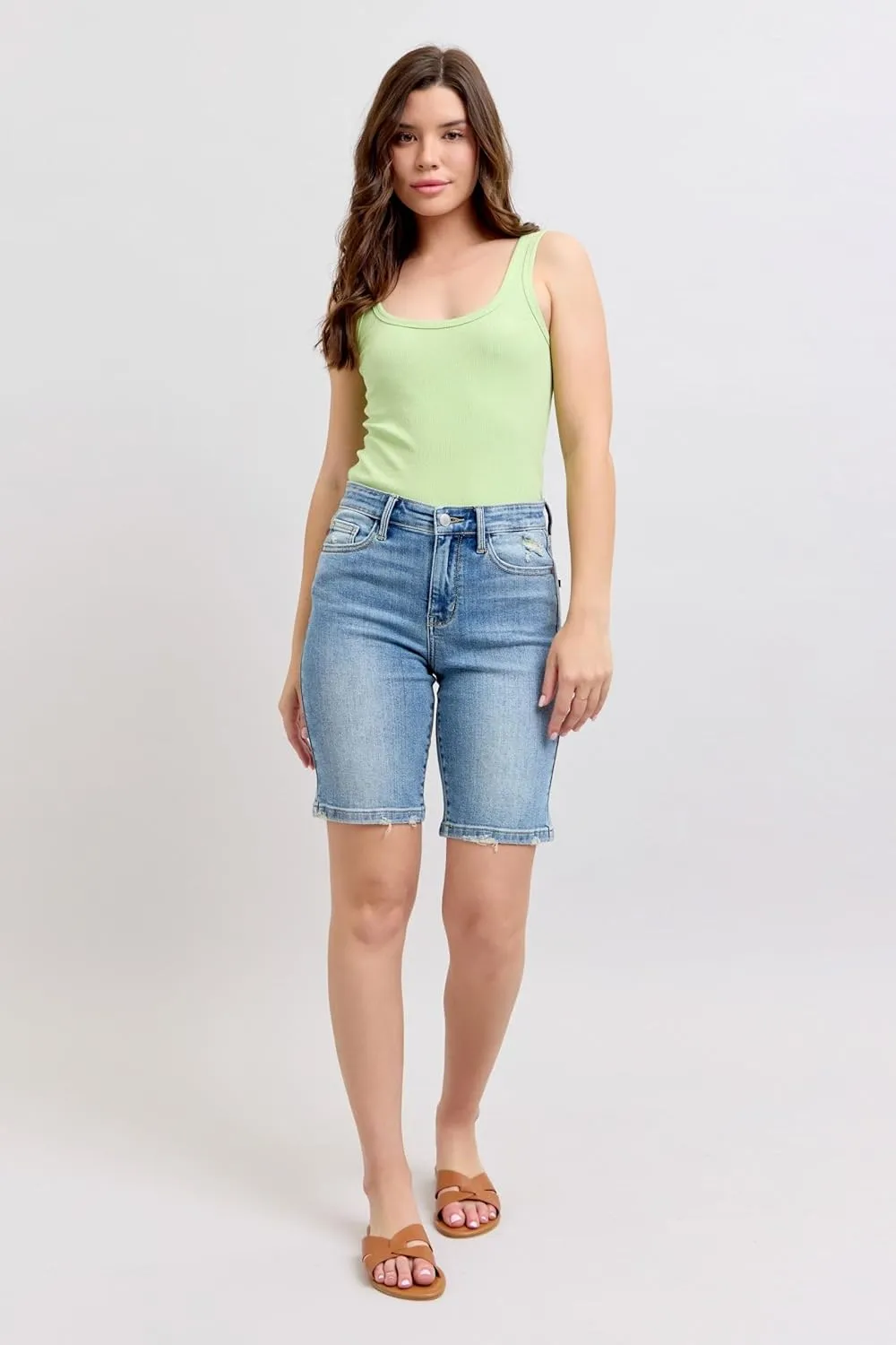 Judy Blue Women’s High Waist Vintage Wash Bermuda Shorts Slim Fit Stretch Denim Summer Casual Jean Shorts - 152101