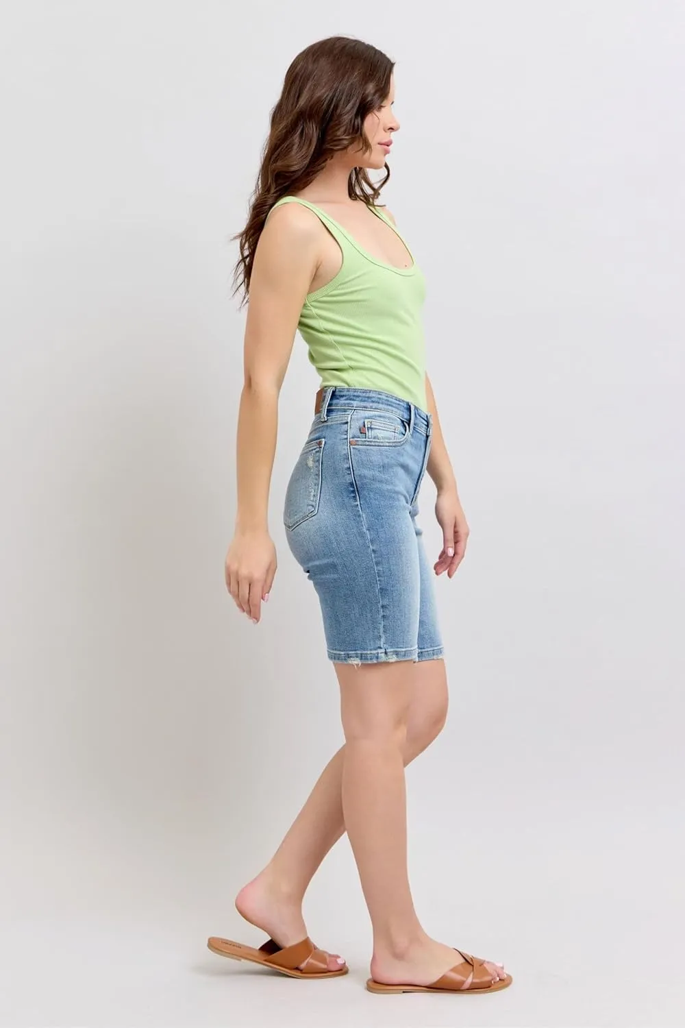 Judy Blue Women’s High Waist Vintage Wash Bermuda Shorts Slim Fit Stretch Denim Summer Casual Jean Shorts - 152101