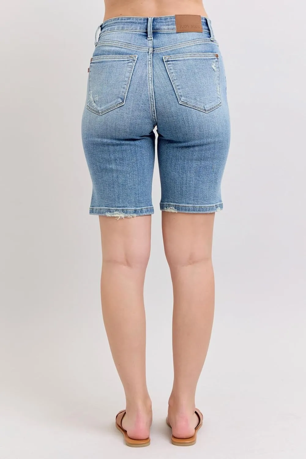 Judy Blue Women’s High Waist Vintage Wash Bermuda Shorts Slim Fit Stretch Denim Summer Casual Jean Shorts - 152101