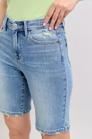 Judy Blue Women’s High Waist Vintage Wash Bermuda Shorts Slim Fit Stretch Denim Summer Casual Jean Shorts - 152101