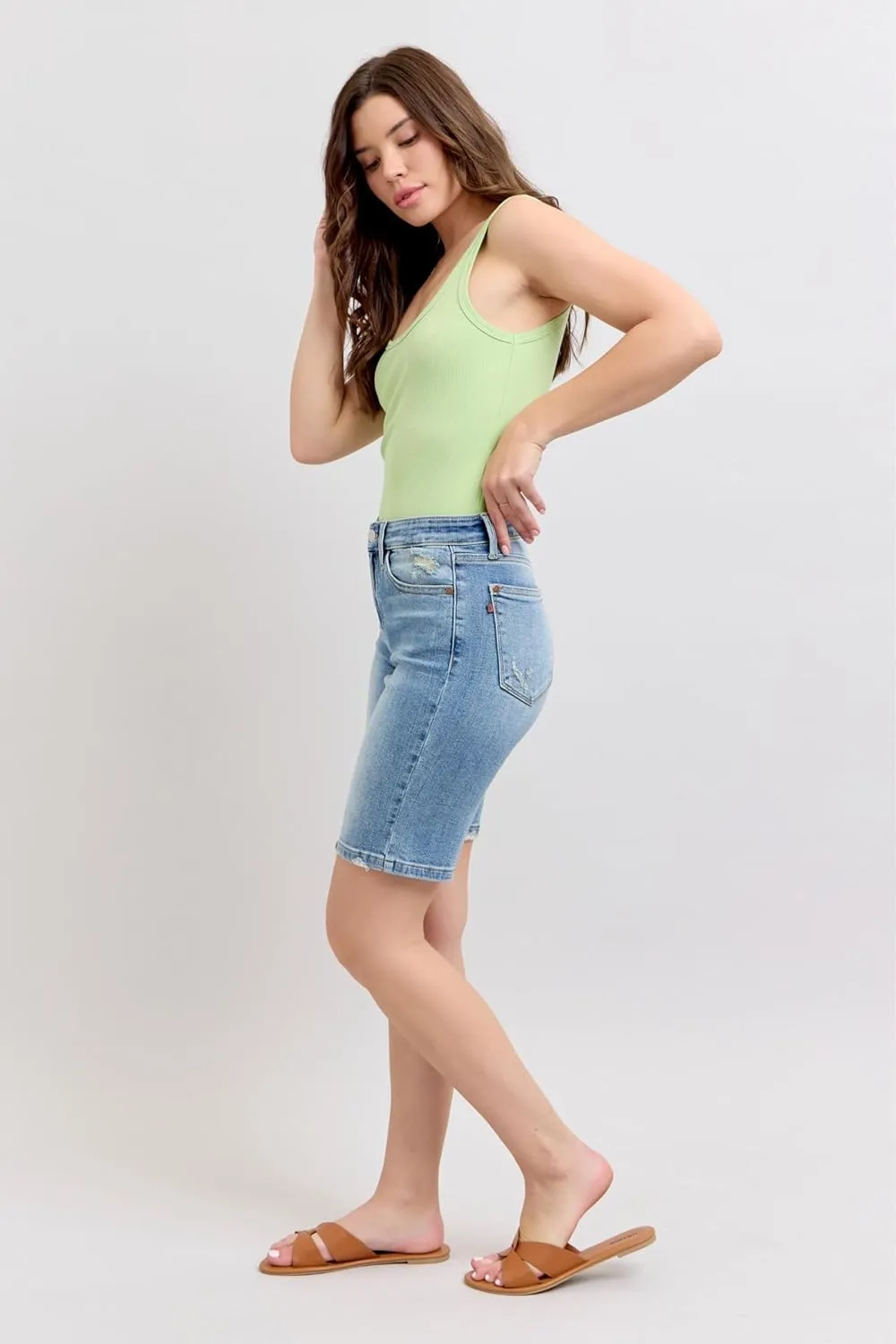 Judy Blue Women’s High Waist Vintage Wash Bermuda Shorts Slim Fit Stretch Denim Summer Casual Jean Shorts - 152101