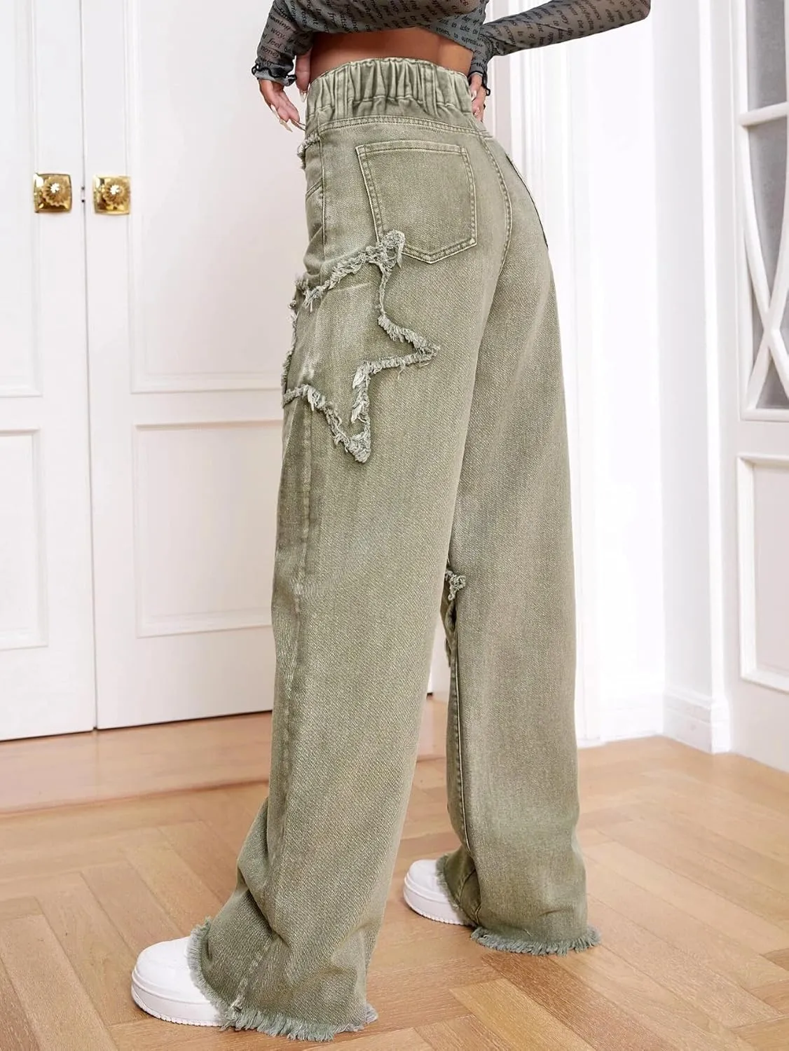 Kedera Women's Wide Leg Denim Pants Teen Star Raw Edge Baggy Trousers High Waisted Boyfriend Y2K Jeans Girls Fashion