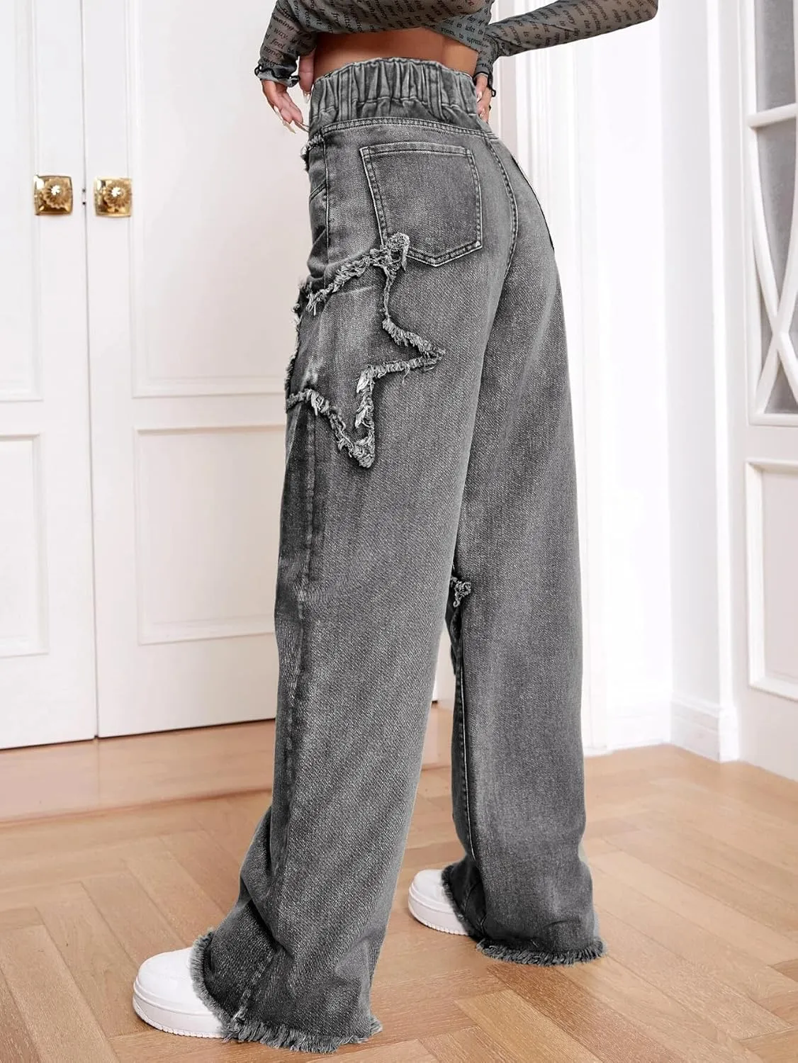 Kedera Women's Wide Leg Denim Pants Teen Star Raw Edge Baggy Trousers High Waisted Boyfriend Y2K Jeans Girls Fashion