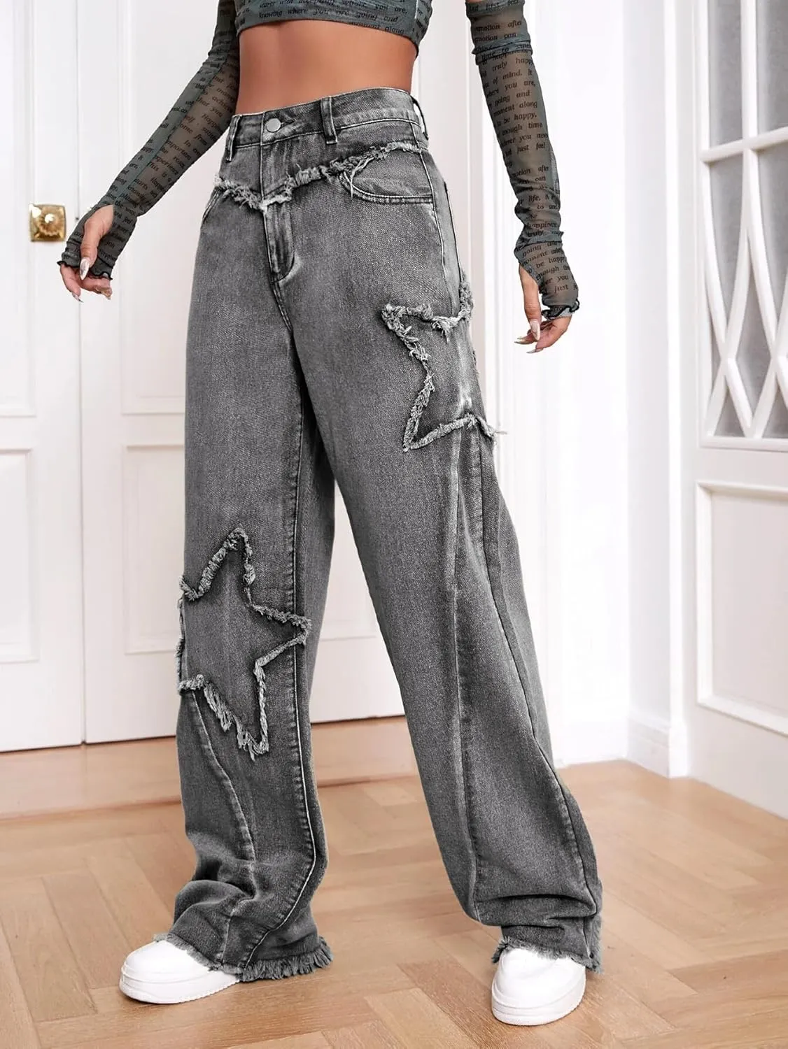 Kedera Women's Wide Leg Denim Pants Teen Star Raw Edge Baggy Trousers High Waisted Boyfriend Y2K Jeans Girls Fashion