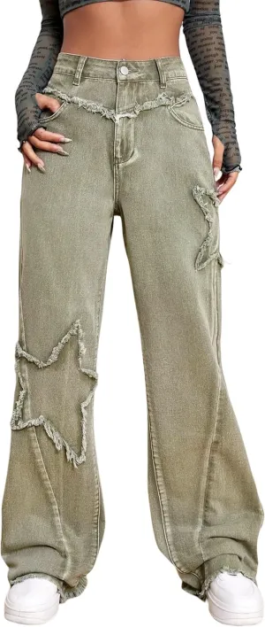 Kedera Women's Wide Leg Denim Pants Teen Star Raw Edge Baggy Trousers High Waisted Boyfriend Y2K Jeans Girls Fashion