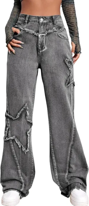 Kedera Women's Wide Leg Denim Pants Teen Star Raw Edge Baggy Trousers High Waisted Boyfriend Y2K Jeans Girls Fashion