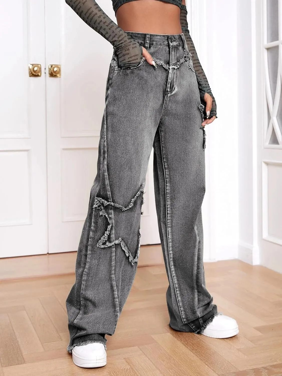 Kedera Women's Wide Leg Denim Pants Teen Star Raw Edge Baggy Trousers High Waisted Boyfriend Y2K Jeans Girls Fashion