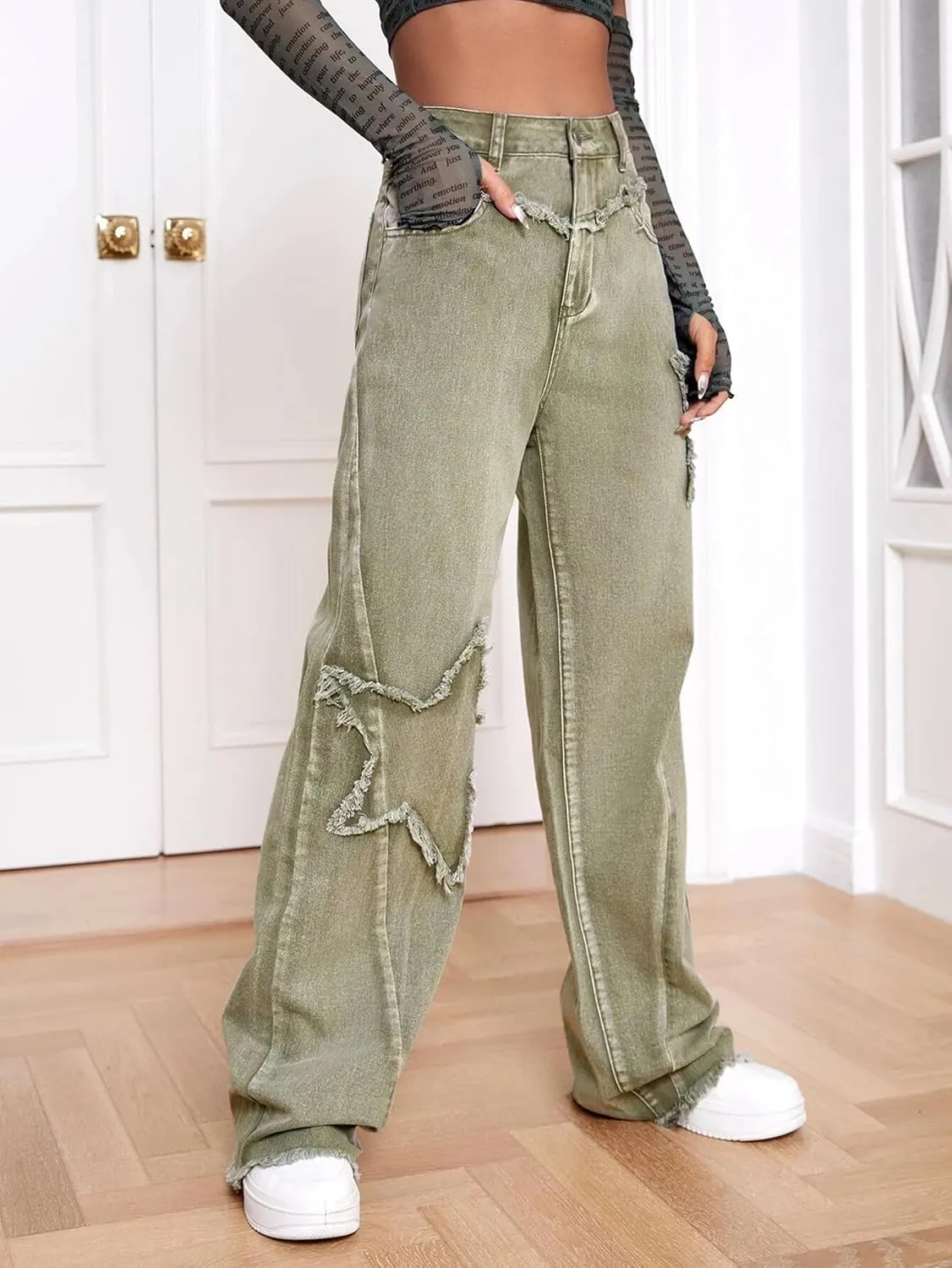 Kedera Women's Wide Leg Denim Pants Teen Star Raw Edge Baggy Trousers High Waisted Boyfriend Y2K Jeans Girls Fashion
