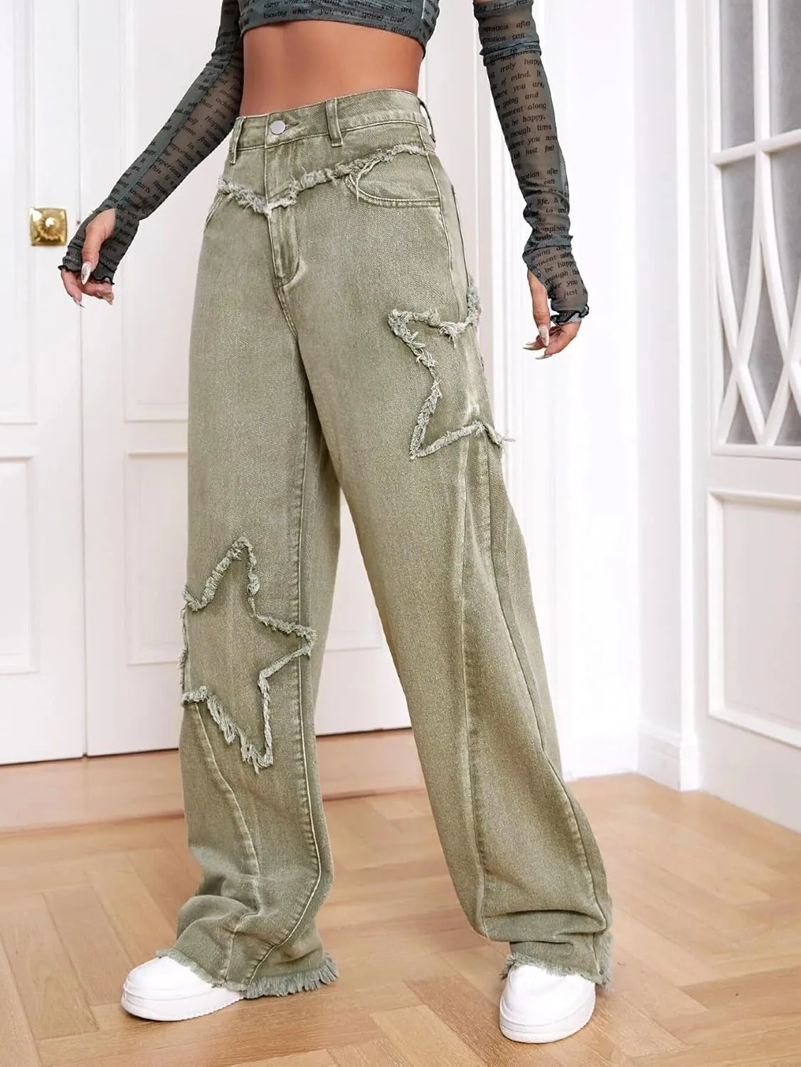 Kedera Women's Wide Leg Denim Pants Teen Star Raw Edge Baggy Trousers High Waisted Boyfriend Y2K Jeans Girls Fashion